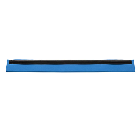 Ein blauer und schwarzer rechteckiger Haug Bürsten KG ERSATZ-GUMMILIPPE, 2-LIPPIG, 420X20X22MM Rakel mit einer flachen Klinge, von oben gesehen auf weiß; perfekt für Bodenreinigungsgeräte.