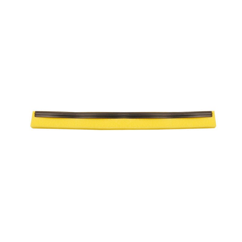A single yellow squeegee of Haug Bürsten KG with a black REPLACEMENT RUBBER LIP, 1-lipped food grade rubber, seen from above against a plain white background.