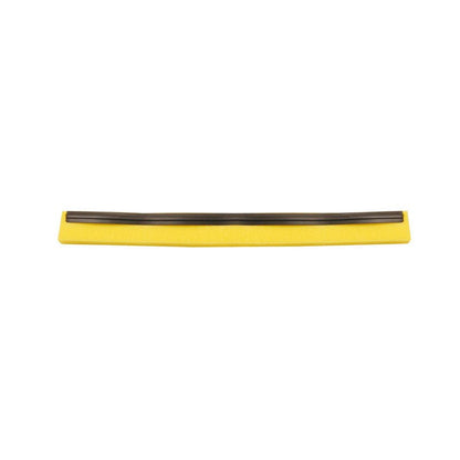 A single yellow squeegee of Haug Bürsten KG with a black REPLACEMENT RUBBER LIP, 1-lipped food grade rubber, seen from above against a plain white background.