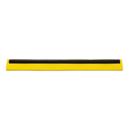 The Haug Bürsten KG REPLACEMENT RUBBER LIP, 2-LIPPED, 420X20X22MM is a yellow, rectangular wiper blade with a black double lip, ideal for floor cleaning machines, depicted on a white background.
