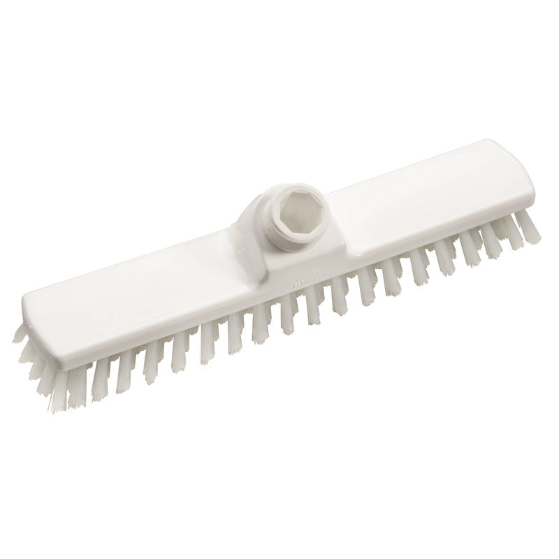 Die Haug Bürsten KG WISCHER, PBT transparent ø 0,50mm hart 280x50x26mm ist ein weißer, rechteckiger Bürstenkopf mit steifen, gleichmäßig verteilten Borsten an den Rändern und einer zentralen Aufnahme für den Stiel.