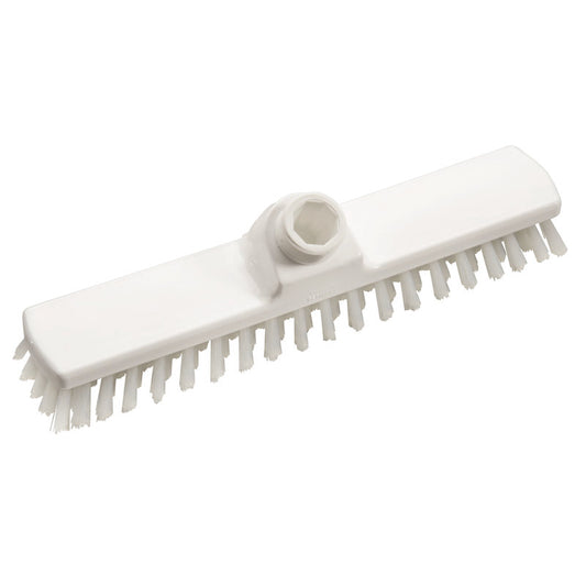 Die Haug Bürsten KG WISCHER, PBT transparent ø 0,50mm hart 280x50x26mm ist ein weißer, rechteckiger Bürstenkopf mit steifen, gleichmäßig verteilten Borsten an den Rändern und einer zentralen Aufnahme für den Stiel.