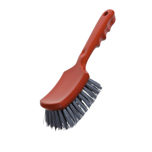 Ein grauer Griff der Haug Bürsten KG METAL DETECT STIELBÜRSTE, PBT 0,60mm harte Borsten, 260x72x35mm, dargestellt auf weißem Hintergrund. Ausgestattet mit Fingerrillen und einem Aufhängeloch; ideal für industrielle Metalldetektionsanwendungen.