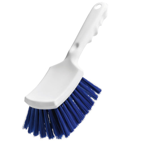 Die Haug Bürsten KG STIELBÜRSTE, PBT BLAU ø 0,25MM WEICH 260x72x50mm hat weiche blaue Borsten und einen gebogenen weißen Griff, ideal für die Reinigung empfindlicher Oberflächen; abgebildet auf einem schlichten weißen Hintergrund.