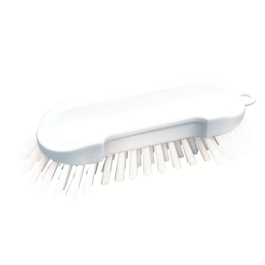 Die WASCHBÜRSTE RUND, PBT HART 205X65X30MM von Haug Bürsten KG ist eine weiße Rundbürste aus Kunststoff mit steifen Borsten und einem leicht gebogenen Griff, abgebildet auf einem schlichten weißen Hintergrund.