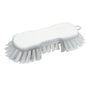 The Haug Bürsten KG ROUND WASH BRUSH features stiff, transparent PBT bristles (ø 0.50mm) and a curved handle (210x70x28/36mm) with a hanging hole at one end.