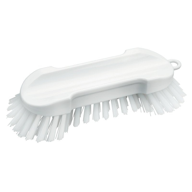 The Haug Bürsten KG ROUND WASH BRUSH features stiff 0.50 mm PBT bristles, an ergonomic handle, and a hanging hole. It is made of transparent plastic, measures 205x65x25/30 mm, and is ideal for effective cleaning.