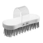 Die Haug Bürsten KG Hackstockbürste, Flachdraht Stärke 3,3x0,6mm Hart185x75x37, eine weiße ovale Schrubbbürste mit klarem Griff und steifen Metallborsten für die Holzverarbeitung, wird vor einem schlichten Hintergrund gezeigt.