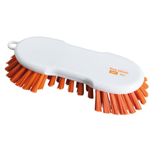 Die ANTI BAC WASCHBÜRSTE RUND PBT ORANGE, ø 0,50MM HART von Haug Bürsten KG ist eine runde, orangefarbene Handbürste mit harten Borsten und einer kleinen Aufhängeschlaufe für die hygienische Reinigung, abgebildet auf einem schlichten weißen Hintergrund.