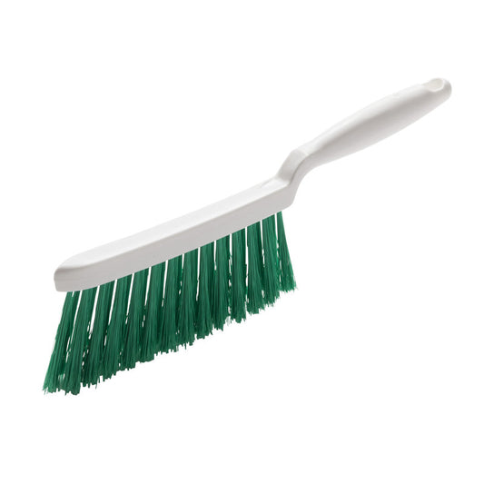 Der Haug Bürsten KG HANDBESEN, PBT grün ø 0,25mm weich (280x15x50 mm), hat grüne weiche Borsten und einen weißen Stiel, der zum Kehren vor einem schlichten weißen Hintergrund abgewinkelt ist - perfekt für die Haushaltsreinigung.