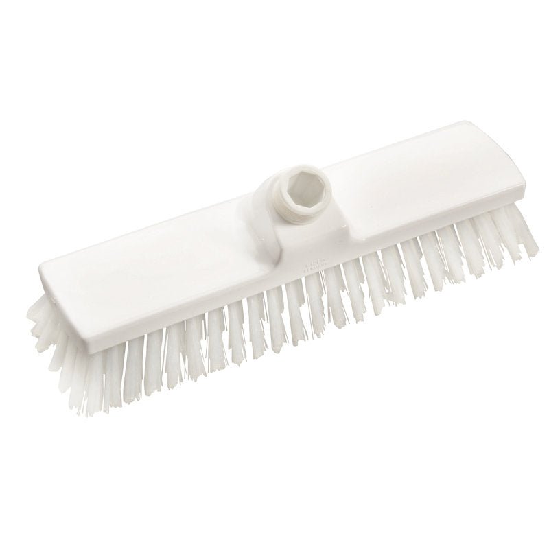 The BROOM WITH WATER FLOW PBT TRANSP., ø 0.50MM HARD from Haug Bürsten KG is a white, rectangular brush head with hard PBT bristles and a central hole for handle attachment, depicted on a plain white background.