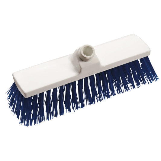 Der BESEN, PP BLAU, ø 1,0MM HART 300X70X65MM von Haug Bürsten KG ist ein rechteckiger weißer Besenkopf mit dichten blauen Borsten und einem zentralen Stielansatz, dargestellt auf weißem Hintergrund.
