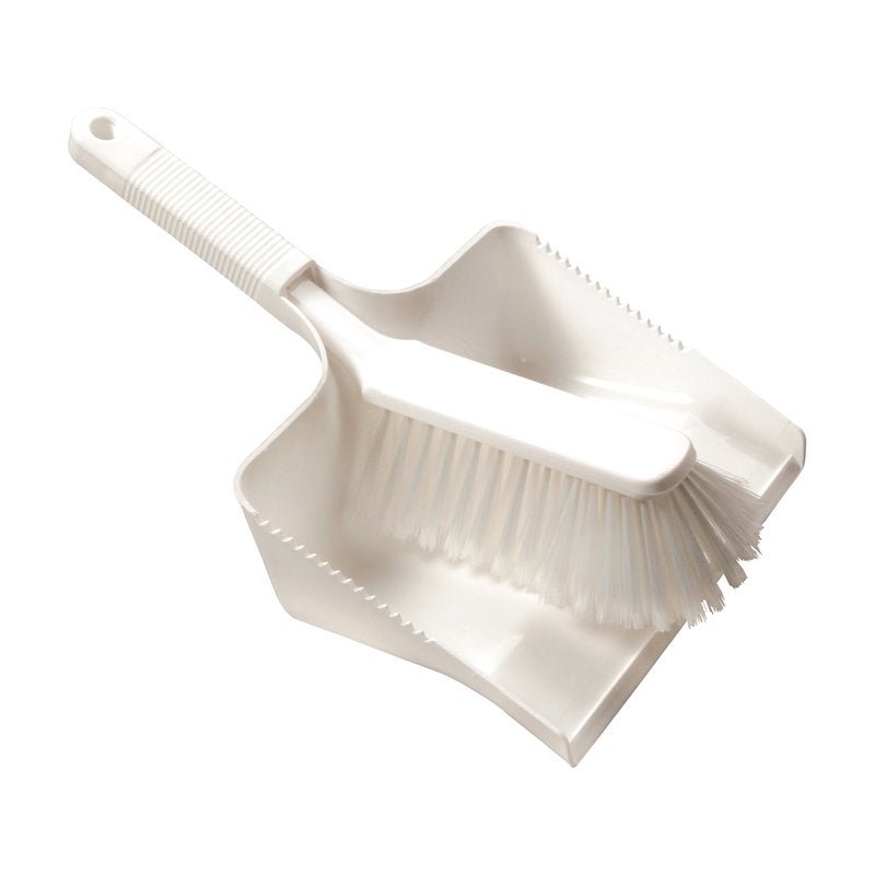 The Haug Bürsten KG SWEEPING SET, PBT CLOSED Ø 0.25MM SOFT (350x222x110mm) includes a white plastic dustpan and a cleaning brush with soft PBT bristles and a ribbed handle - perfect for daily cleaning tasks.