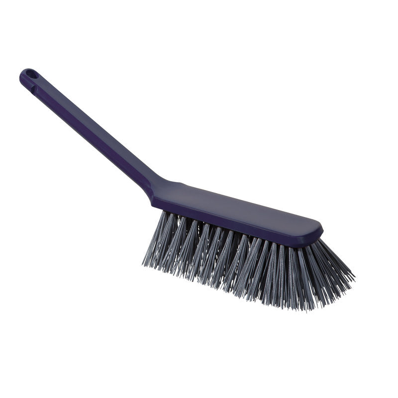 The METDEC PREMIUM HAND BROOM from Haug Bürsten KG features stiff gray and blue PBT bristles, a long handle, and dimensions of 310x40x45mm. Shown held in hand against a white background.
