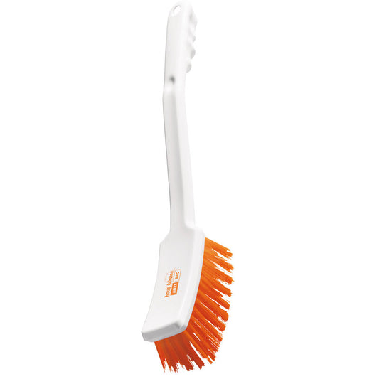 Die ANTI BAC STIELBÜRSTE,PBT ORANG ø 0,50MM HART von Haug Bürsten KG ist eine professionelle Reinigungsbürste mit weißem Kunststoffgriff, Aufhänge-Loch und orangefarbenen Borsten (400x48x35mm), vor weißem Hintergrund fotografiert.