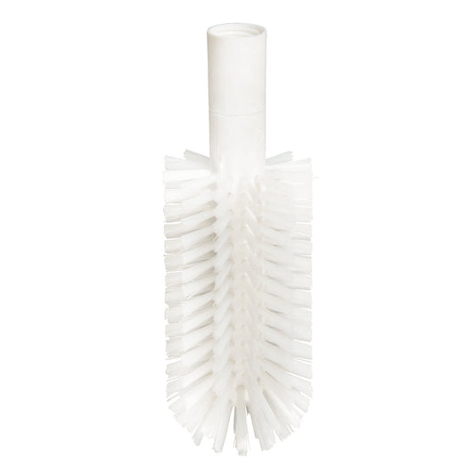 Die ROHRBÜRSTE, PBT TRANSPARENT ø0,50MM, MIT ADAPTER der Haug Bürsten KG verfügt über transparente, steife PBT-Borsten auf einem zylindrischen Körper und einen soliden Griff, ideal für die Reinigung von Flaschen oder schmalen Behältern.