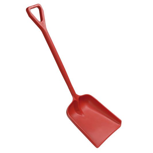 Die Haug Bürsten KG SCHAUFEL, GROß, EINTEILIG, PP, 400X340X1110MM hat eine rote PP-Konstruktion mit einem D-förmigen Griff und einer breiten Klinge - perfekt für Gartenarbeiten - auf weißem Hintergrund.