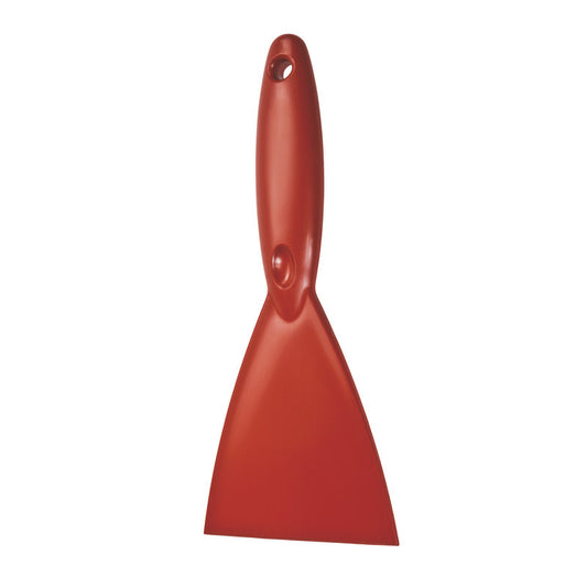 Der METALL DETECT SPACHTEL,PP, OXIDROT, 250x110X18MM von Haug Bürsten KG ist ein roter Polypropylenschaber mit einer flachen Klinge und einem abgerundeten Griff mit Aufhängeloch, der für die Metalldetektion entwickelt wurde. Abgebildet auf einfarbig weißem Hintergrund.