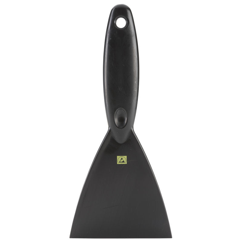 The Haug Bürsten KG ESD spatula, PP, black (250x110x18mm) has a wide, flat blade, a rounded handle with a hanging hole, and offers protection against electrostatic discharge. Pictured on a white background.