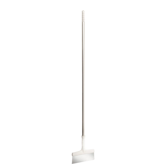 Der Haug Bürsten KG BODENSCHABER MIT ALUSTIEL verfügt über eine 250x35x1382mm große Klinge aus rostfreiem Stahl und einen weißen Aluminiumgriff, ideal zum effizienten Entfernen von Verschmutzungen auf Oberflächen.