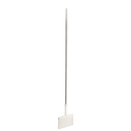 Der Haug Bürsten KG BODENSCHABER MIT ALUSTIEL PA-SCHABER (250x35x1418MM) ist ein langstieliges Reinigungswerkzeug mit weißem Alustiel und flacher, rechteckiger Klinge, ideal für die Reinigung von Böden und aufrecht vor einem schlichten weißen Hintergrund abgebildet.