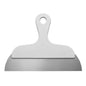 The HAND SCRAPER M.PLASTIC HANDLE STAINLESS STEEL SCRAPER (209x270x5mm) from Haug Bürsten KG with a flat stainless steel blade and white plastic handle with hanging hole is an indispensable cleaning tool for every kitchen.