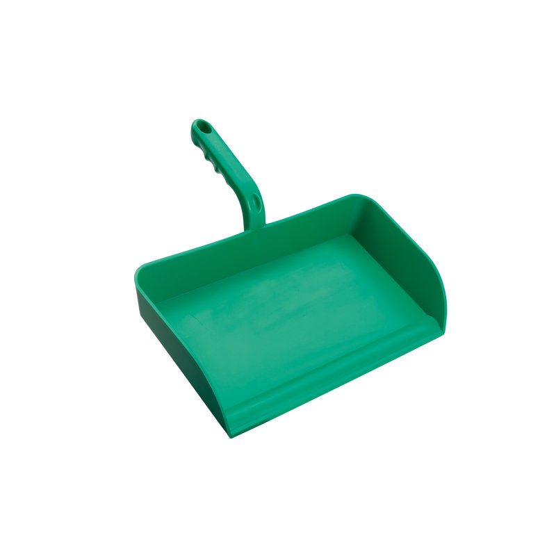 The LARGE DUSTPAN from Haug Bürsten KG is made of green PP, measures 325x330x100 mm, has no rubber lip, and a short handle. It is depicted against a white background.