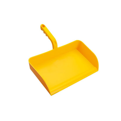 The LARGE DUSTPAN from Haug Bürsten KG made of yellow PP, without a lip (325x330x100 mm), features a raised handle and angled sides and is depicted against a white background.