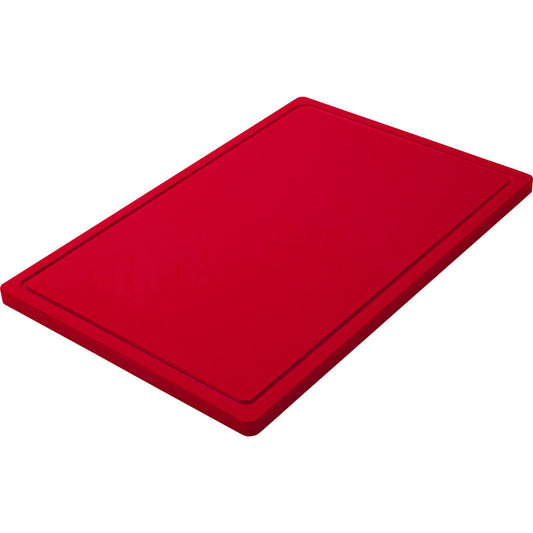 Das SCHNEIDEBRETT GROß, PE, RUTSCHFEST, 600X400X20MM von Haug Bürsten KG ist ein rotes rutschfestes rechteckiges Schneidebrett mit abgerundeten Ecken und umlaufender Vertiefung auf weißem Hintergrund.
