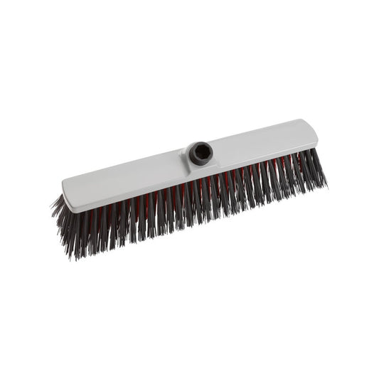 Der "in-up" Großraumbesen der Haug Bürsten KG (400x60x140x75 mm, schwarz) hat schwarze und rote Borsten und ein zentrales Loch für einen Stiel - ideal für die Reinigung großer Flächen, hier vor weißem Hintergrund.