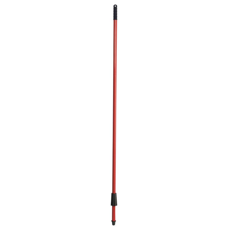 The IN-UP broom handle from Haug Bürsten KG made of red steel tube (outer diameter 21mm, 1300mm long) stands vertically with black plastic ends against a white background.