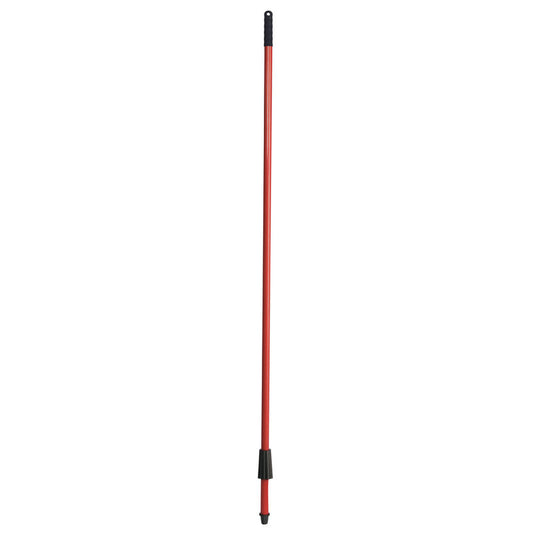 Der IN-UP Besenstiel von Haug Bürsten KG aus rotem Stahlrohr (Außen-Ø 21mm, 1300mm lang) steht mit schwarzen Kunststoff-Enden vertikal vor weißem Hintergrund.
