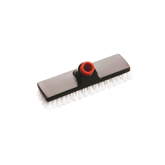 Der IN-UP SCHRUBBER von Haug Bürsten KG hat einen rechteckigen schwarzen Kopf und weiße, harte 0,35mm Borsten (225x60x25mm) mit rotem Stielansatz - ideal für die gründliche Reinigung.