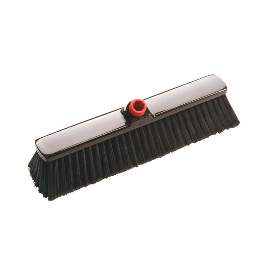 Der IN-UP GROßRAUMBESEN von Haug Bürsten KG verfügt über weiche, dichte schwarze Polyesterborsten (ø 0,27mm) und einen roten Stielansatz. Größe: 400x60x75mm. Ideal für die industrielle Reinigung, abgebildet auf weißem Hintergrund.