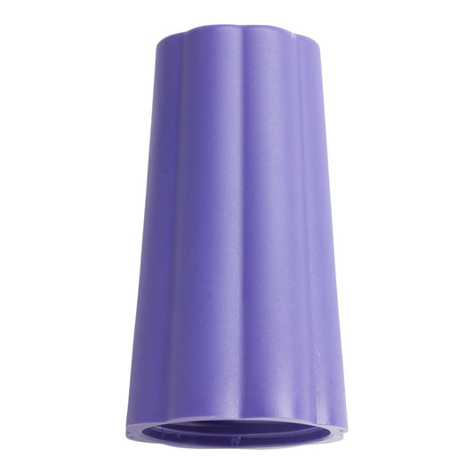 Nahaufnahme eines violetten ÜBERWURFMUTTER AUßEN-ø 25MM LILA von Haug Bürsten KG, 74xø42mm, mit zylindrischer Form und geriffelten Seiten, aufrecht stehend auf weißem Hintergrund, typischerweise verwendet in industriellen Rohrverbindungen.