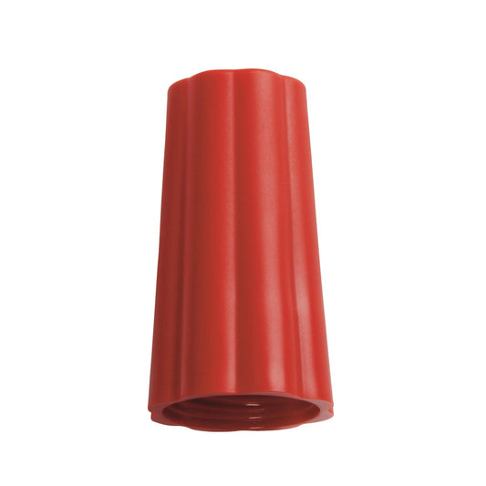 Ein roter ÜBERWURFMUTTER AUßEN-ø 25MM von Haug Bürsten KG (Modell: 74Xø 42MM), ähnlich einem gerippten Kunststoff-Drahtverbinder, hat ein offenes Gewinde an der Unterseite und eine geschlossene Oberseite und wird üblicherweise zum Verbinden von elektrischen Drähten verwendet.
