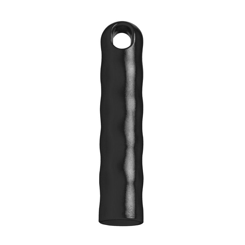 Ein schwarzer, zylindrischer "AUFHÄNGEKAPPEN FÜR ALLE STIELE MIT AUßEN-ø 22MM, SCHWARZ" von Haug Bürsten KG mit gewellter Oberfläche, hohlem, offenem Boden und rundem Loch nahe der Spitze. Ideal für die Werkzeugaufbewahrung; abgebildet auf weißem Hintergrund.