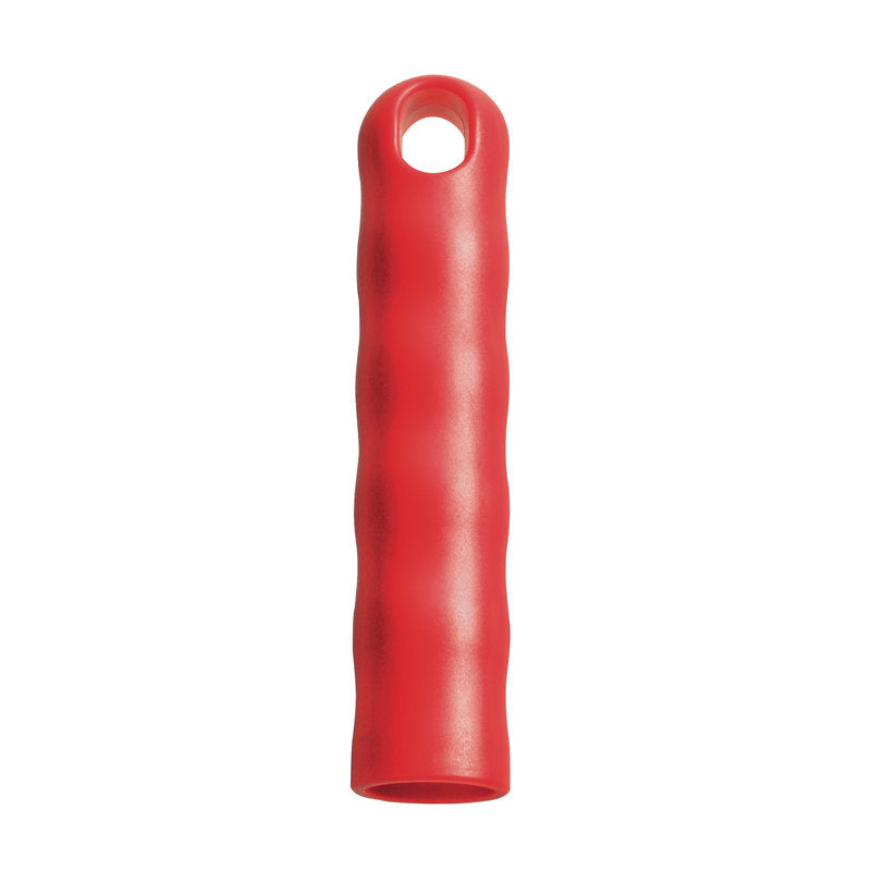Die rote, zylindrische AUFHÄNGEKAPPE FÜR ALLE STIELE M.AUßEN-ø 22MM, 125Xø24MM der Haug Bürsten KG hat einen strukturierten Griff und eine Aufhängekappe mit einem Loch an einem Ende; sie ist vertikal vor einem weißen Hintergrund abgebildet.
