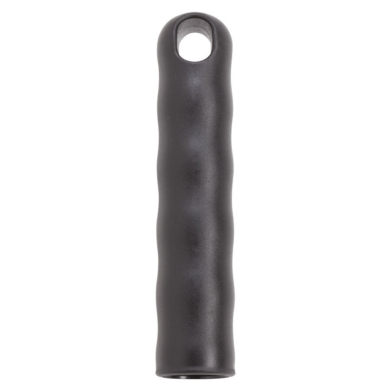 Die AUFHÄNGEKAPPE FÜR ALLE STIELE AUßEN-ø 21MM,125Xø21MM,SCHWARZ von Haug Bürsten KG ist ein schwarzer zylindrischer Griff mit Fingerrillen und einer Aufhängekappe zur platzsparenden Aufbewahrung, abgebildet auf weißem Hintergrund.