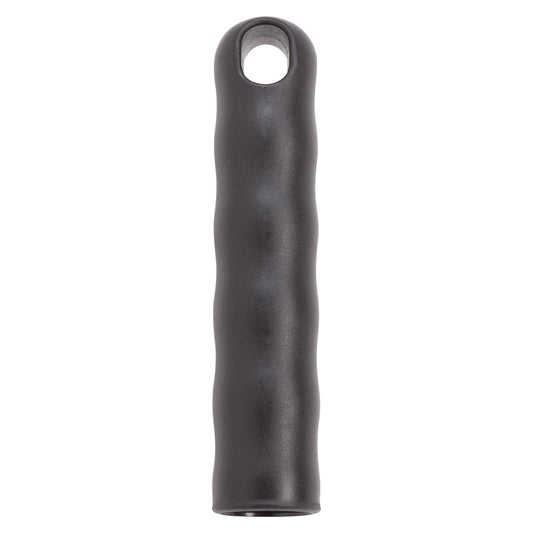 Die AUFHÄNGEKAPPE FÜR ALLE STIELE AUßEN-ø 21MM,125Xø21MM,SCHWARZ von Haug Bürsten KG ist ein schwarzer zylindrischer Griff mit Fingerrillen und einer Aufhängekappe zur platzsparenden Aufbewahrung, abgebildet auf weißem Hintergrund.