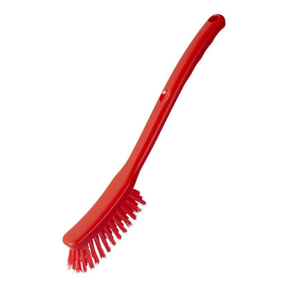 The Haug Bürsten KG UNIVERSAL BRUSH, NARROW, ø 0.35MM, 295x25x23MM is a red plastic brush with a long handle and angled bristles for effective cleaning, depicted on a white background.