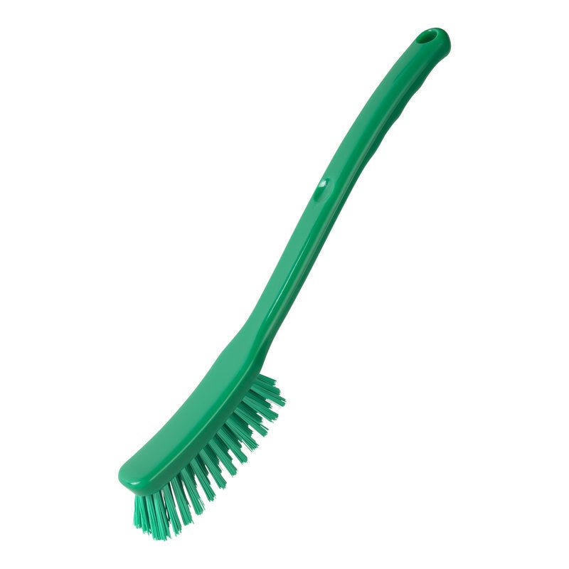 The Haug Bürsten KG UNIVERSAL BRUSH, NARROW (ø 0.35mm, 295x25x23mm), a green brush with a long handle and angled bristles for effective cleaning, is depicted on a white background.