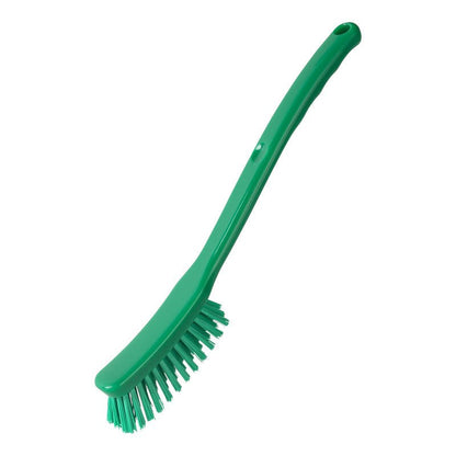The Haug Bürsten KG UNIVERSAL BRUSH, NARROW (ø 0.35mm, 295x25x23mm), a green brush with a long handle and angled bristles for effective cleaning, is depicted on a white background.