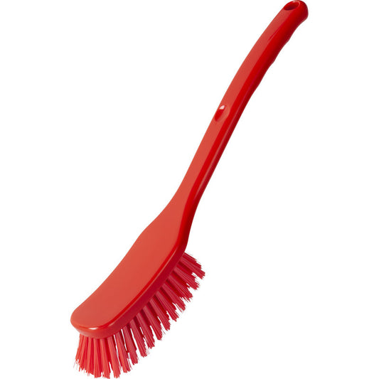Die UNIVERSALBÜRSTE, BREIT, 295x40x23mm von Haug Bürsten KG ist eine rote Kunststoff-Reinigungsbürste mit langem Griff und abgewinkelten Borsten, ideal als Reinigungswerkzeug, abgebildet auf weißem Hintergrund.