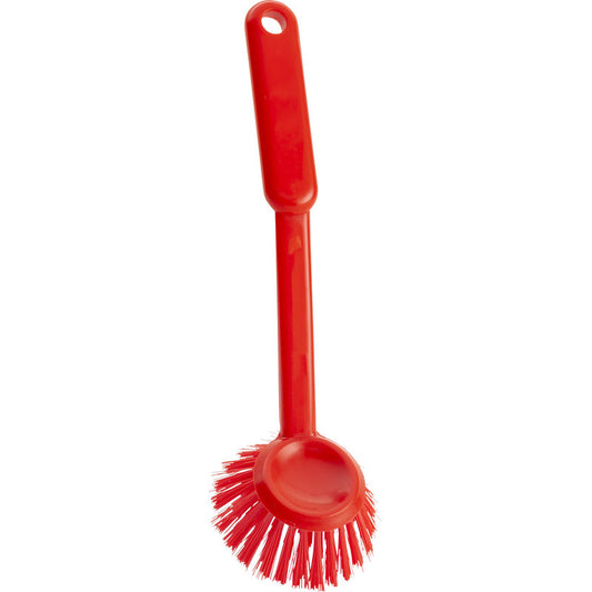 Die Haug Bürsten KG SPÜLBÜRSTE RUND, ø 0,35MM hart (255xø70x23mm), ist eine rote runde Spülbürste mit steifen Borsten und einem langen Griff mit Aufhängeloch - ideal für die Küchenreinigung.
