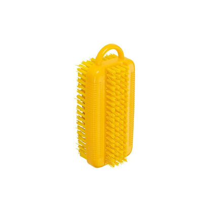 The NAIL BRUSH DOUBLE, ø 0.35MM MEDIUM/HARD from Haug Bürsten KG is a yellow rectangular nail brush with medium-hard bristles on one side and a curved upper handle, ideal for cleaning nails and cuticles. Depicted against a white background.