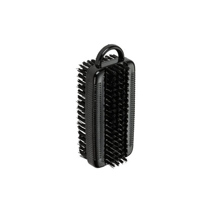 The Haug Bürsten KG NAIL BRUSH DOUBLE, ø 0.35MM MEDIUM/HARD is a rectangular black nail brush with medium-hard bristles on all sides and a curved upper handle, ideal for cleaning shoes or for nail and cuticle care.