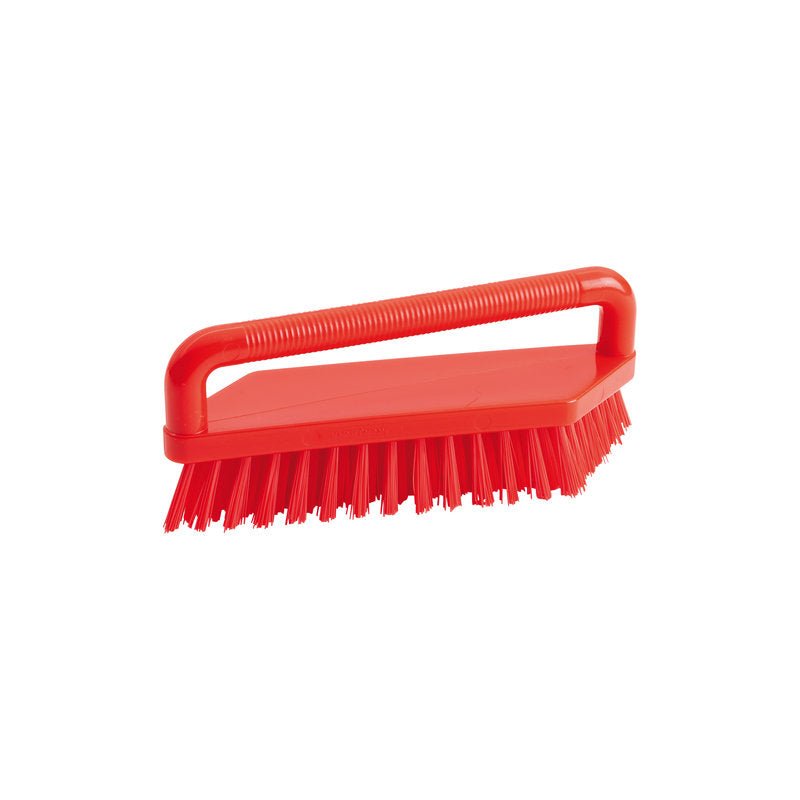 A SCRUBBING BRUSH, PBT HARD 180X48X22MM from Haug Bürsten KG, with stiff bristles and a rectangular handle for industrial cleaning, is depicted isolated on a white background.