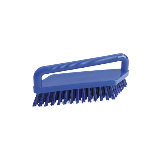 Die Haug Bürsten KG SCHEUERBÜRSTE, PBT HART 180X48X22MM, ist eine blaue Industrie-Schrubberbürste mit steifen Borsten und einem rechteckigen Kunststoffgriff, abgebildet vor einem weißen Hintergrund.