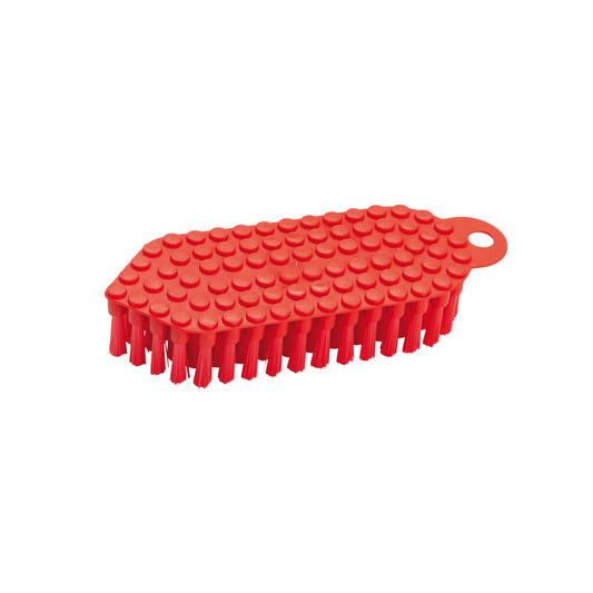 Eine rote Kunststoff Haug Bürsten KG FLEXO-BÜRSTE, ø 0,35MM MITTEL (190x70x25 mm), mit einer strukturierten, abgerundeten Oberseite, steifen Borsten an der Unterseite und einem Aufhängeloch an einem Ende. Ausgestellt vor einem schlichten weißen Hintergrund.